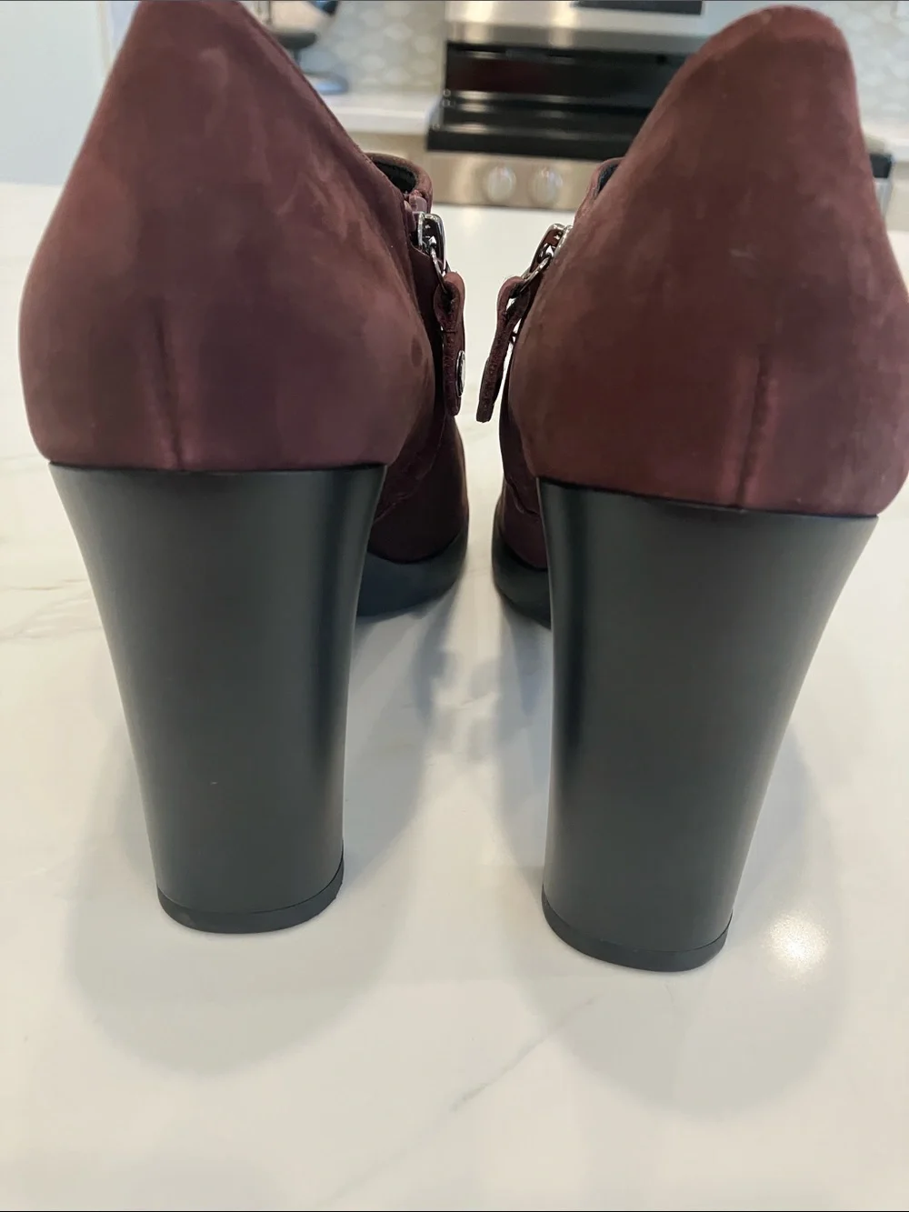 Geox Burgundy Platform Suede Booties w/ Patent Leather Cap Toe- Never Worn